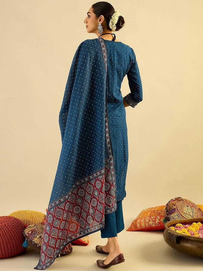 Ethnic Motifs Printed  Cotton Straight Kurta With Trousers & Dupatta