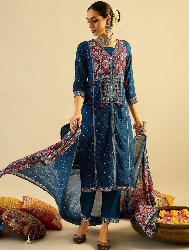 Ethnic Motifs Printed  Cotton Straight Kurta With Trousers & Dupatta