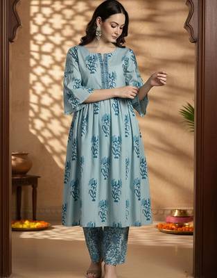 Floral Printed Empire Notch Neck  Cotton A-Line Kurta With Palazzos 1