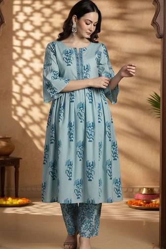 Floral Printed Empire Notch Neck  Cotton A-Line Kurta With Palazzos