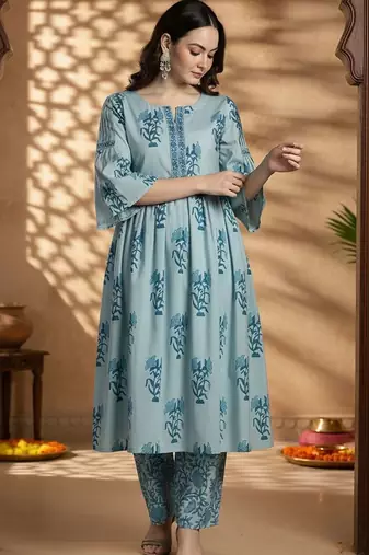 Floral Printed Empire Notch Neck Pure Cotton A-Line Kurta With Palazzos