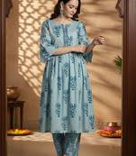 Floral Printed Empire Notch Neck  Cotton A-Line Kurta With Palazzos
