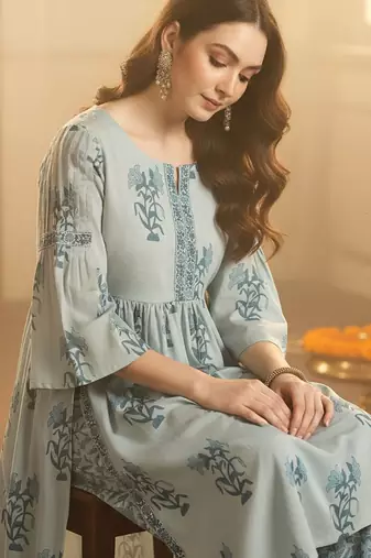 Floral Printed Empire Notch Neck Pure Cotton A-Line Kurta With Palazzos