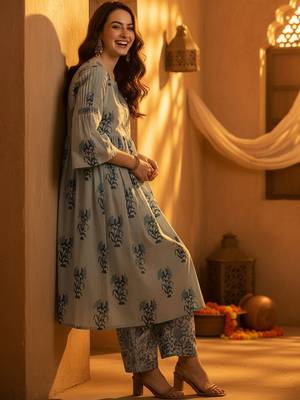 Floral Printed Empire Notch Neck  Cotton A-Line Kurta With Palazzos 3