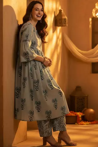 Floral Printed Empire Notch Neck Pure Cotton A-Line Kurta With Palazzos