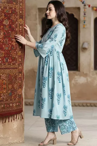 Floral Printed Empire Notch Neck Pure Cotton A-Line Kurta With Palazzos