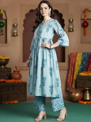 Floral Printed Empire Notch Neck  Cotton A-Line Kurta With Palazzos 5