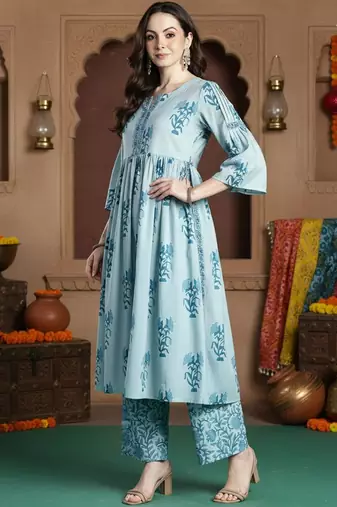 Floral Printed Empire Notch Neck Pure Cotton A-Line Kurta With Palazzos