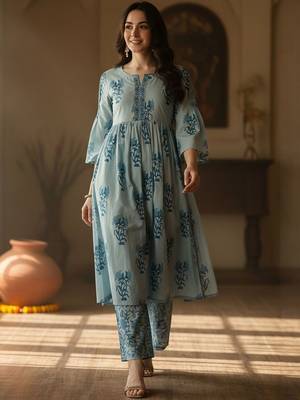 Floral Printed Empire Notch Neck  Cotton A-Line Kurta With Palazzos 6