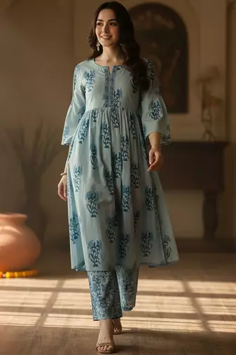 Floral Printed Empire Notch Neck Pure Cotton A-Line Kurta With Palazzos