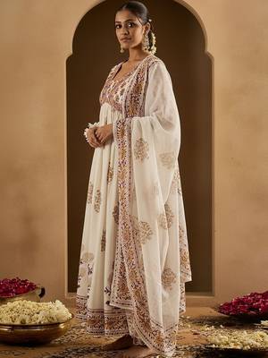 Ethnic Motifs Printed Empire Pure Cotton Anarkali Kurta With Trousers & Dupatta 1