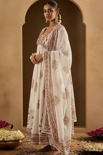 Ethnic Motifs Printed Empire  Cotton Anarkali Kurta With Trousers & Dupatta