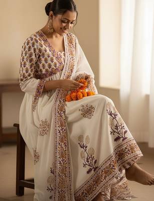 Ethnic Motifs Printed Empire Pure Cotton Anarkali Kurta With Trousers & Dupatta 2