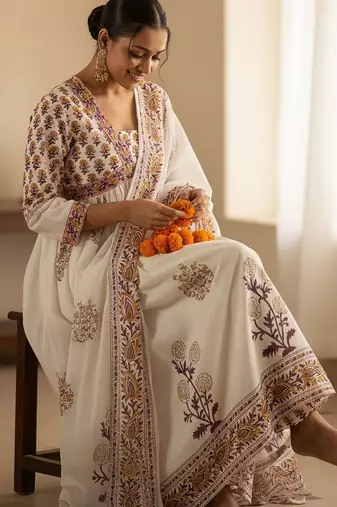 Ethnic Motifs Printed Empire Pure Cotton Anarkali Kurta With Trousers & Dupatta