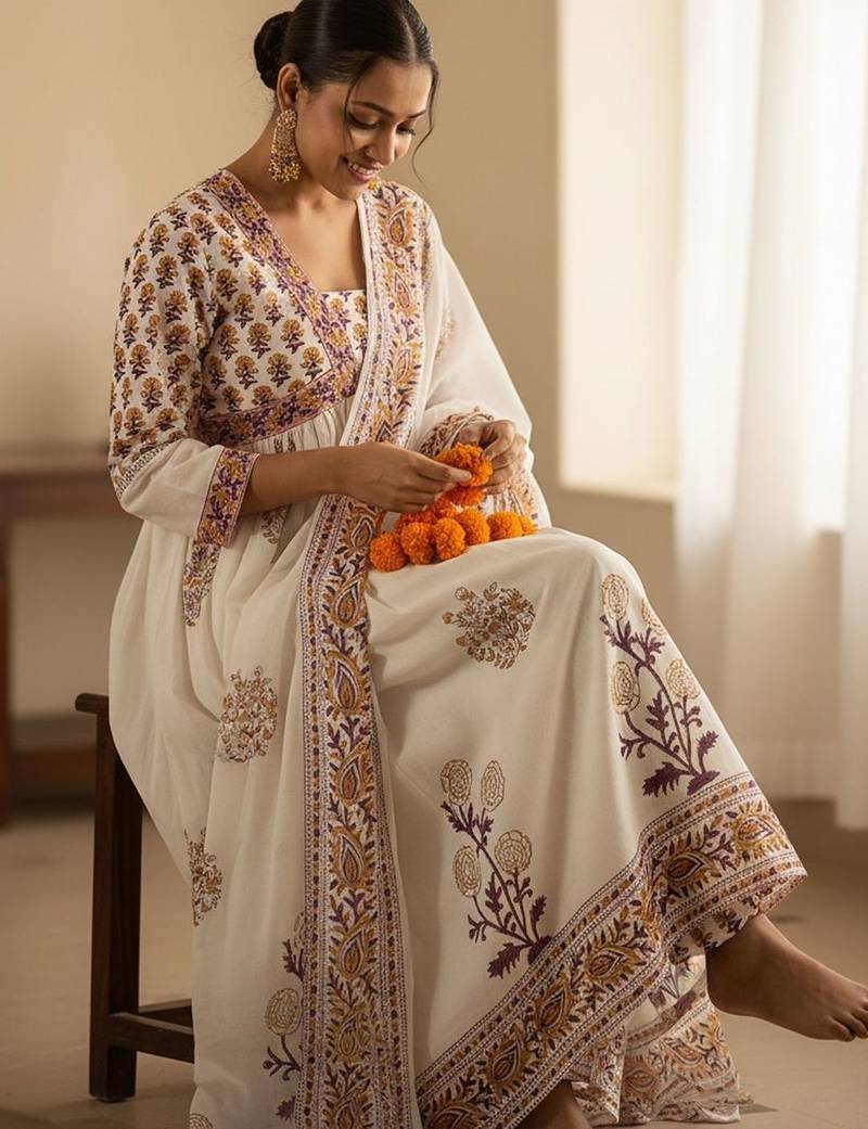 Ethnic Motifs Printed Empire Pure Cotton Anarkali Kurta With Trousers & Dupatta