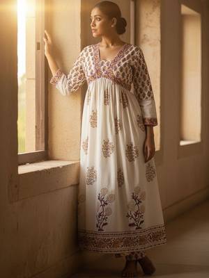 Ethnic Motifs Printed Empire Pure Cotton Anarkali Kurta With Trousers & Dupatta 3