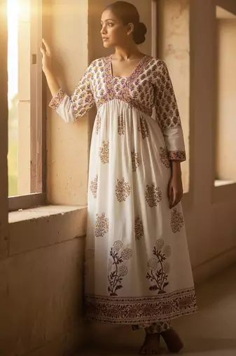 Ethnic Motifs Printed Empire Pure Cotton Anarkali Kurta With Trousers & Dupatta