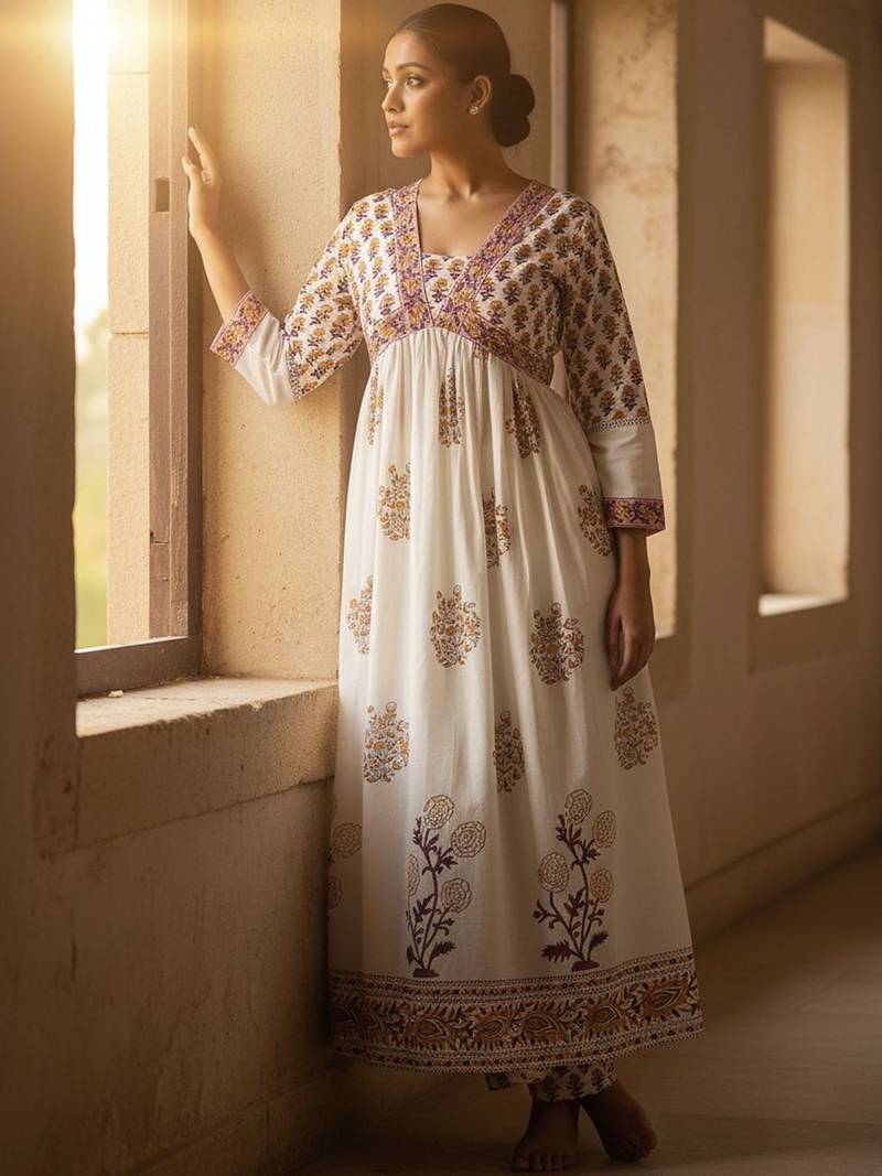 Ethnic Motifs Printed Empire Pure Cotton Anarkali Kurta With Trousers & Dupatta
