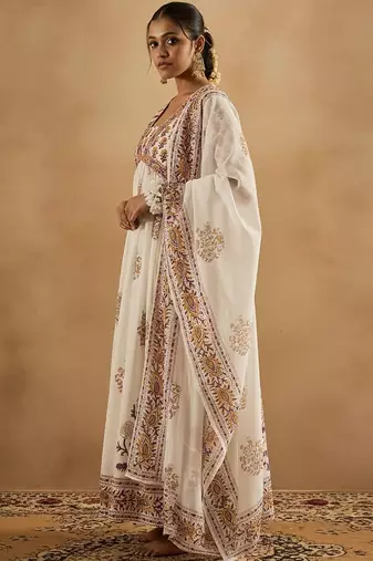 Ethnic Motifs Printed Empire Pure Cotton Anarkali Kurta With Trousers & Dupatta