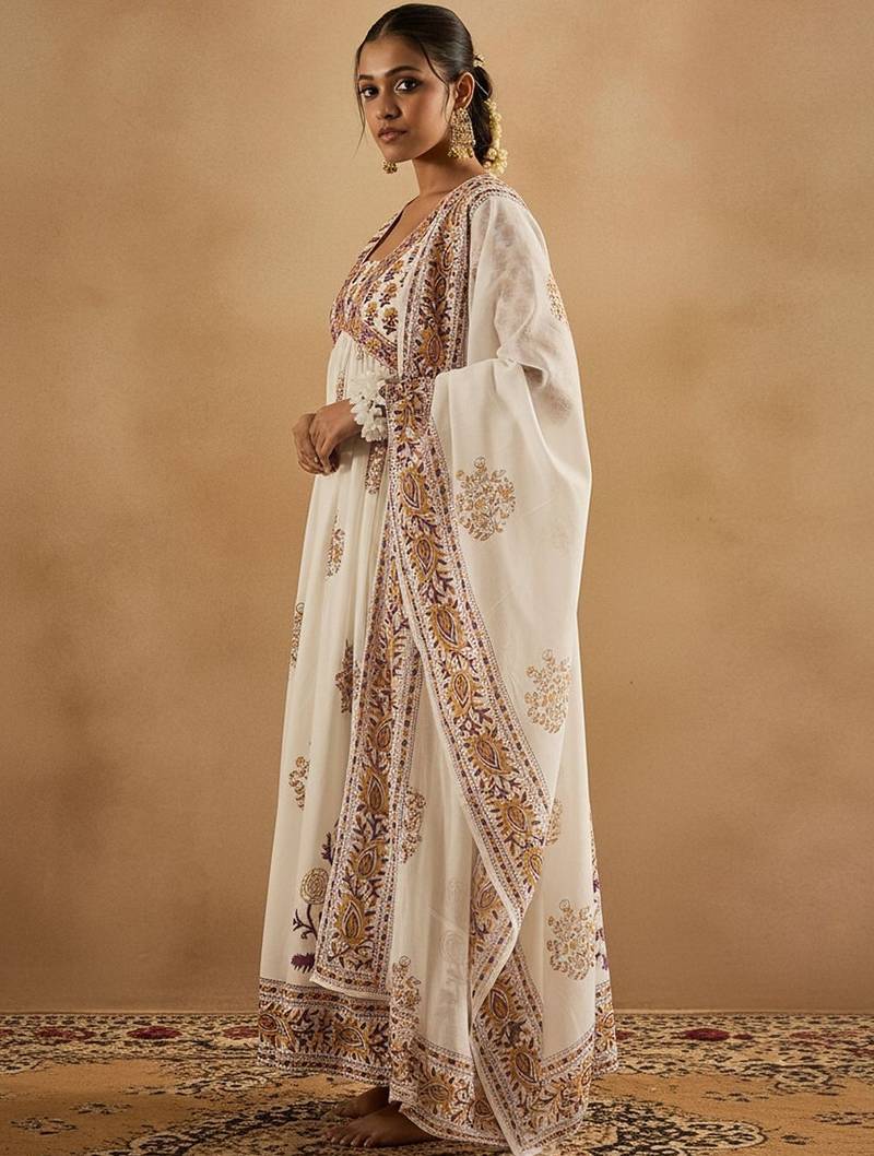 Ethnic Motifs Printed Empire Pure Cotton Anarkali Kurta With Trousers & Dupatta