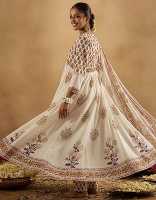 Ethnic Motifs Printed Empire Pure Cotton Anarkali Kurta With Trousers & Dupatta 5