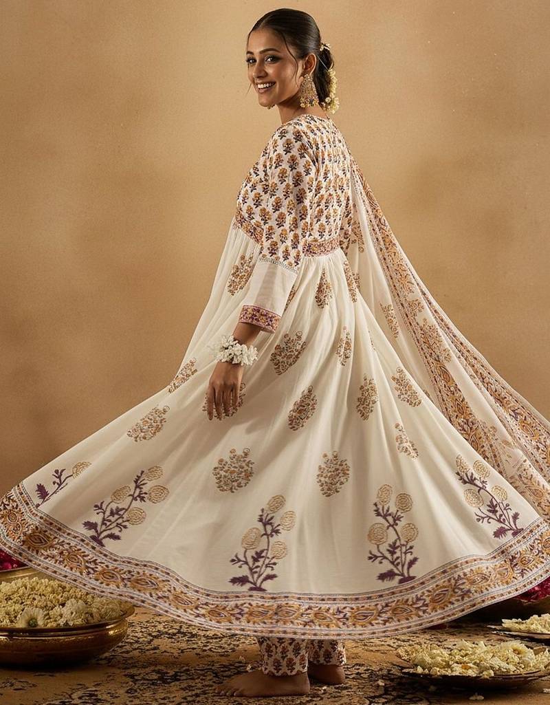 Ethnic Motifs Printed Empire Pure Cotton Anarkali Kurta With Trousers & Dupatta