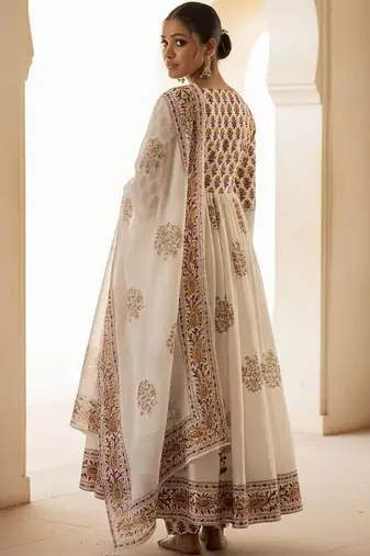 Ethnic Motifs Printed Empire Pure Cotton Anarkali Kurta With Trousers & Dupatta