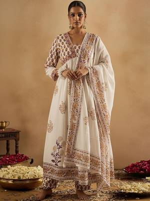 Ethnic Motifs Printed Empire Pure Cotton Anarkali Kurta With Trousers & Dupatta 7