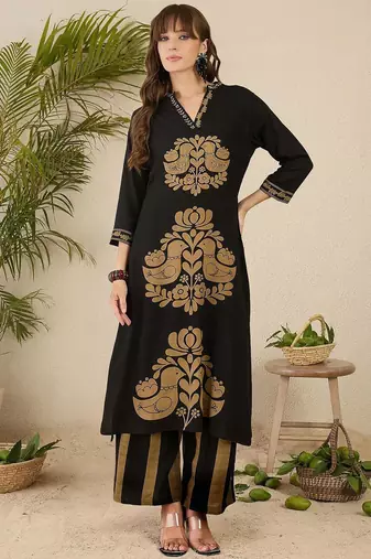 Floral Printed Thread Work V-Neck Straight Kurta with Palazzos
