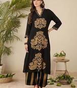 Floral Printed Thread Work V-Neck Straight Kurta with Palazzos