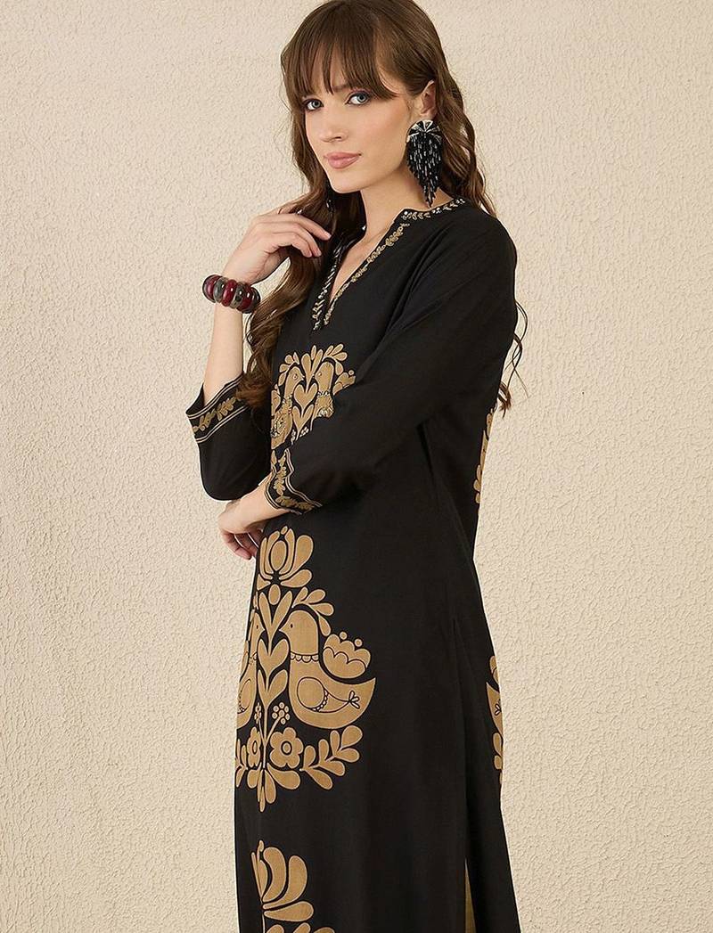 Floral Printed Thread Work V-Neck Straight Kurta with Palazzos