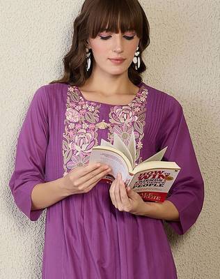Floral Embroidered Thread Work Pure Cotton A-Line Kurta With Trousers 2