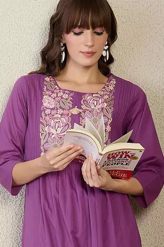 Floral Embroidered Thread Work Pure Cotton A-Line Kurta With Trousers