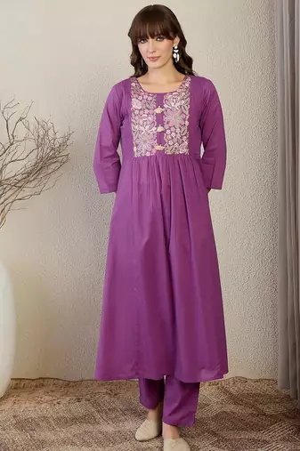 Floral Embroidered Thread Work Pure Cotton A-Line Kurta With Trousers