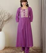 Floral Embroidered Thread Work Pure Cotton A-Line Kurta With Trousers