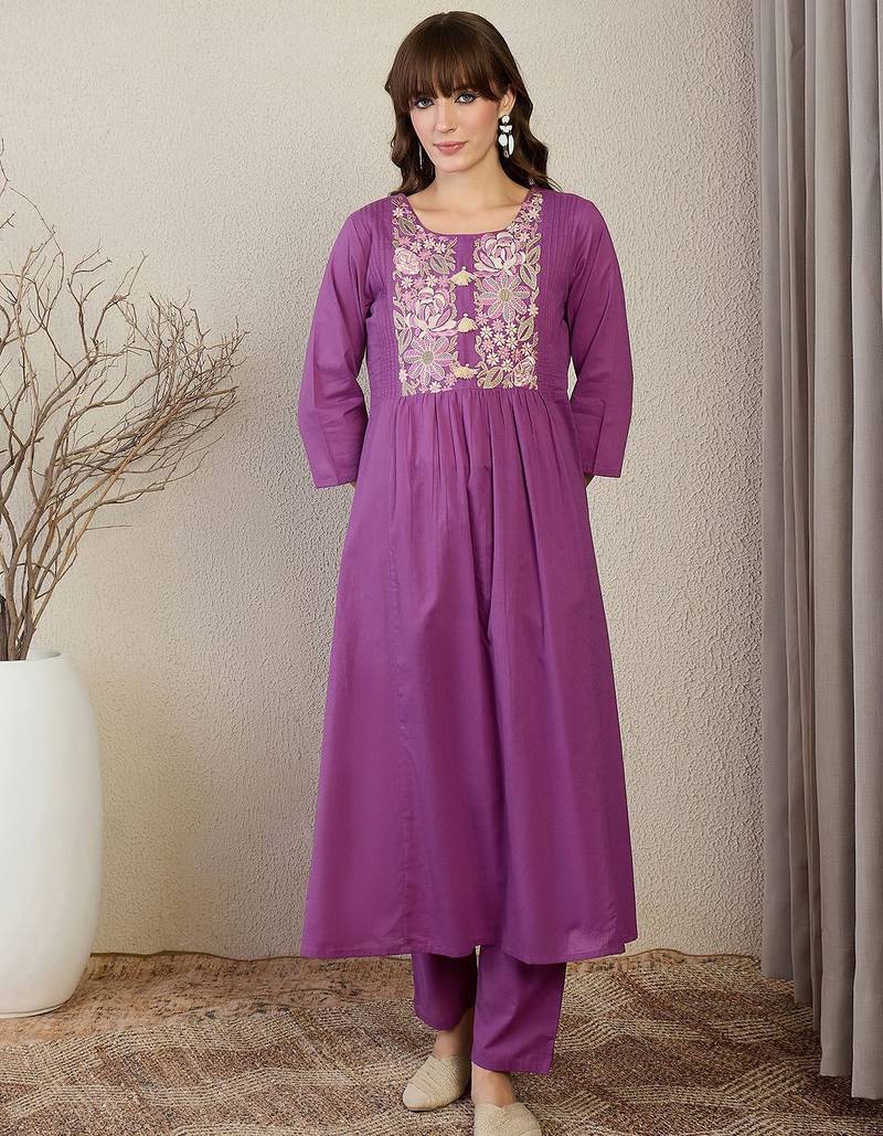 Floral Embroidered Thread Work Pure Cotton A-Line Kurta With Trousers