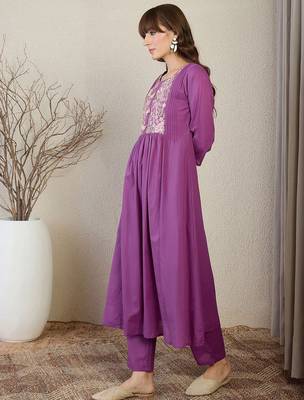Floral Embroidered Thread Work Pure Cotton A-Line Kurta With Trousers 3