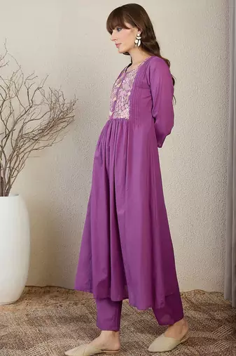 Floral Embroidered Thread Work Pure Cotton A-Line Kurta With Trousers