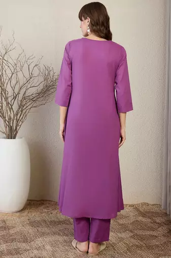 Floral Embroidered Thread Work Pure Cotton A-Line Kurta With Trousers