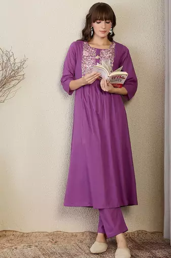 Floral Embroidered Thread Work Pure Cotton A-Line Kurta With Trousers