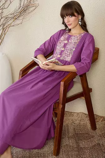 Floral Embroidered Thread Work Pure Cotton A-Line Kurta With Trousers