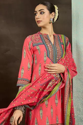 Ethnic Motifs Printed Pure Cotton Straight Kurta With Trousers & Dupatta