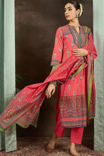 Ethnic Motifs Printed Pure Cotton Straight Kurta With Trousers & Dupatta