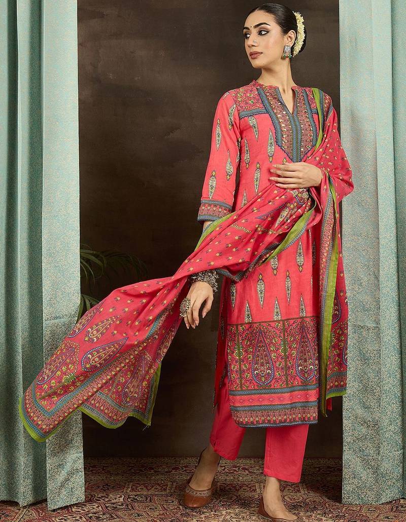 Ethnic Motifs Printed Pure Cotton Straight Kurta With Trousers & Dupatta