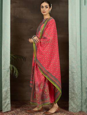 Ethnic Motifs Printed  Cotton Straight Kurta With Trousers & Dupatta 4