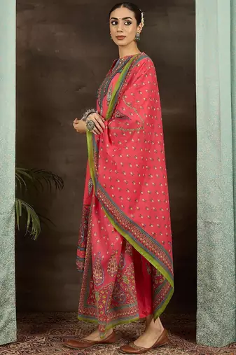 Ethnic Motifs Printed Pure Cotton Straight Kurta With Trousers & Dupatta