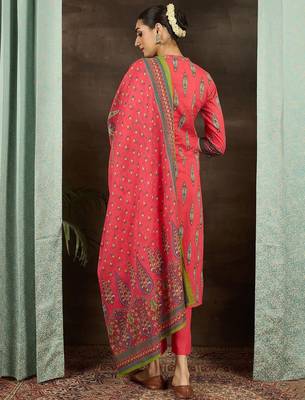 Ethnic Motifs Printed  Cotton Straight Kurta With Trousers & Dupatta 5