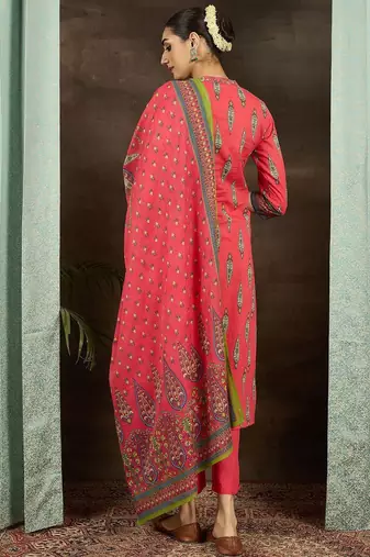 Ethnic Motifs Printed Pure Cotton Straight Kurta With Trousers & Dupatta