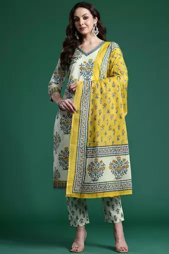 Floral Printed Regular Pure Cotton Kurta with Trousers & Dupatta