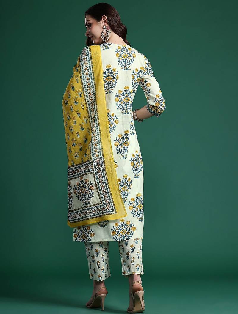 Floral Printed Regular Pure Cotton Kurta with Trousers & Dupatta